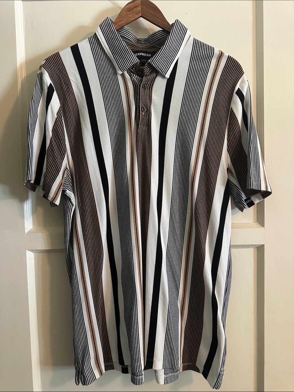 Express Men’s Striped Polo in Brown, Black & White
